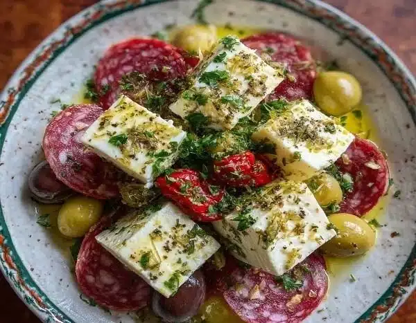 Marinated cheese appetizer featuring salami and green olives on a serving platter