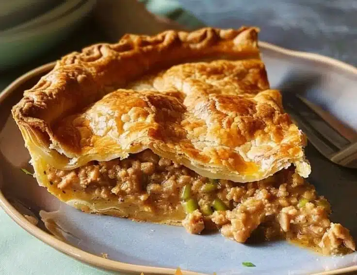 Homemade meat pie filled with savory meat and herbs