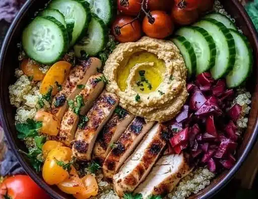 Mediterranean chicken bowls with fresh veggies and grains