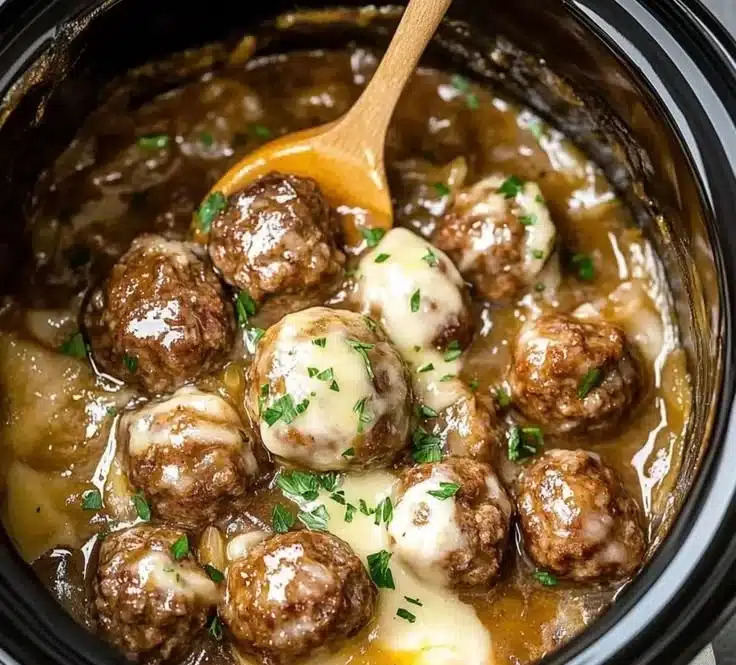 Delicious Crock Pot French Onion Meatballs served in a bowl with cheese on top