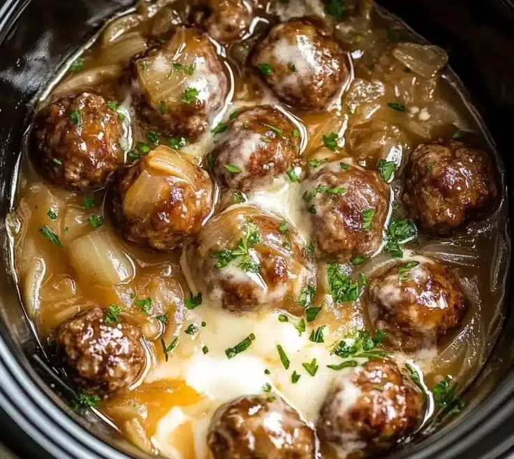 Delicious Crock Pot French Onion Meatballs topped with melted cheese