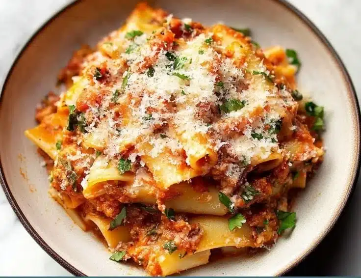 Plate of delicious Mostaccioli pasta served with marinara sauce and herbs.