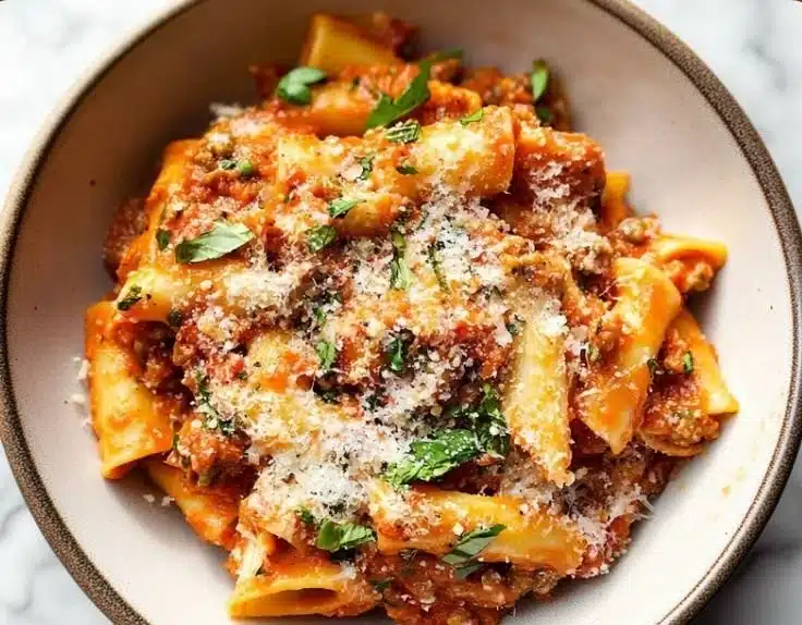 Delicious mostaccioli pasta dish with rich sauce and toppings.