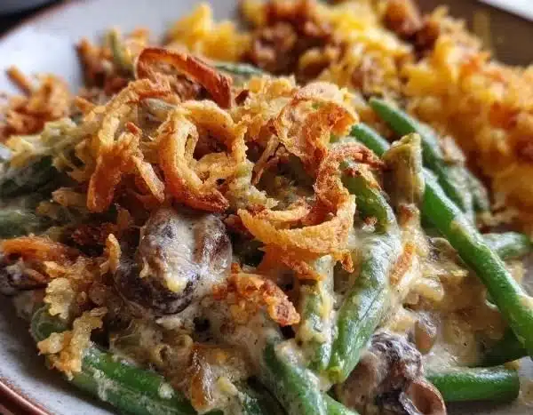 Delicious green bean casserole topped with crispy onions in a baking dish