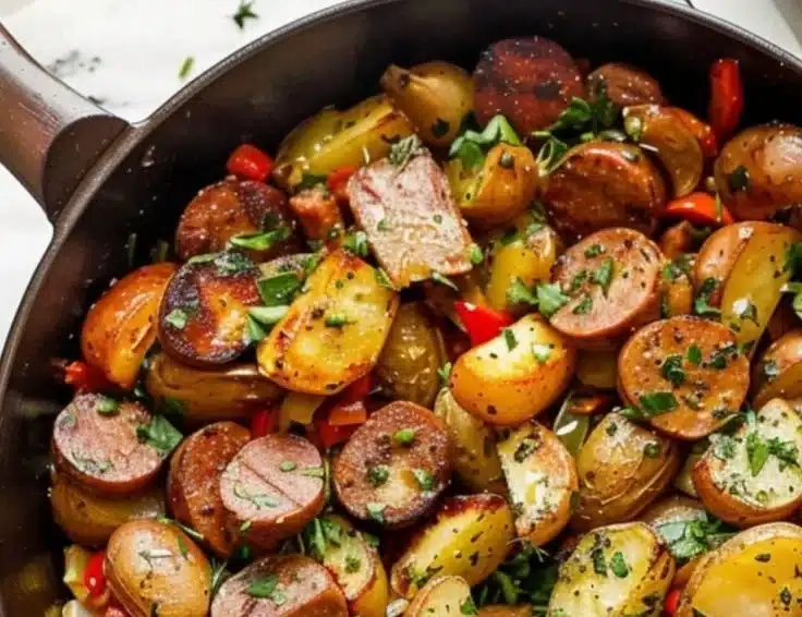 One-Pan Garlic Butter Sausage with Potatoes for a delicious dinner