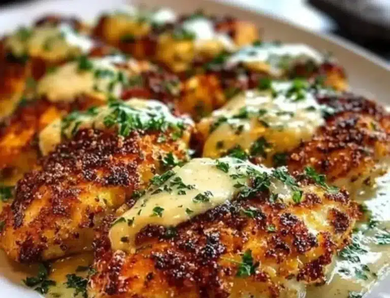 Parmesan Crusted Chicken Thighs served with a garlic sauce on a plate.