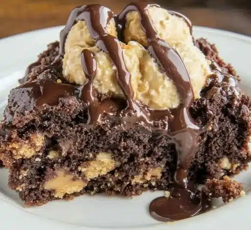 Peanut Butter Cup Dump Cake topped with chocolate and peanut butter