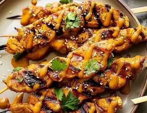 Peanut Chicken Satay skewers garnished with cilantro and served with dipping sauce