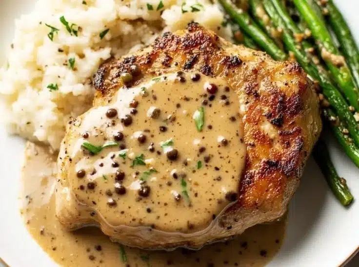 Delicious pork chops drizzled with creamy peppercorn sauce on a plate.