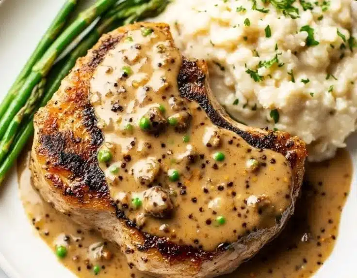 Delicious pork chops served with creamy peppercorn sauce
