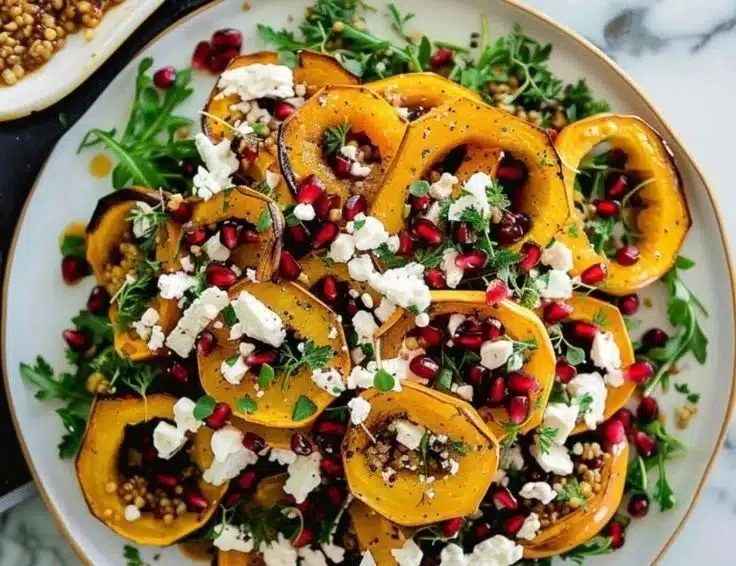 Pomegranate molasses roasted delicata squash served on a plate.