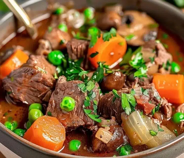Hearty Provençal beef stew with red wine and fresh herbs in a rustic bowl