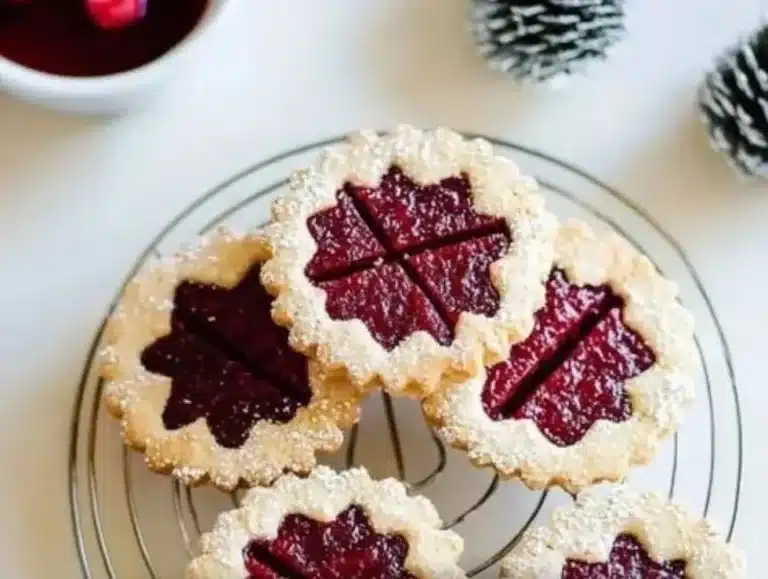 Freshly baked Raspberry Linzer Cookies dusted with powdered sugar.