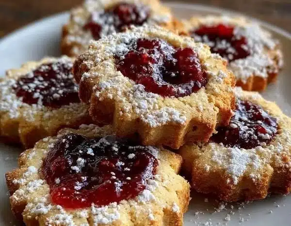 Freshly baked Raspberry Linzer Cookies with a sweet raspberry filling and powdered sugar.