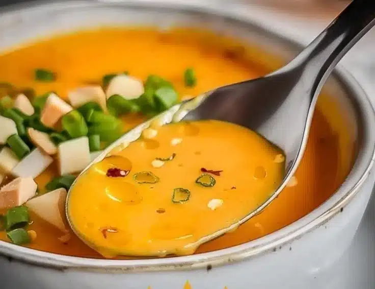 Bowl of roasted carrot coconut ginger soup with garnishes.