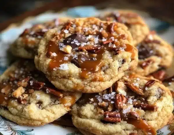 Delicious Salted Caramel Crunch Cookies topped with sea salt and caramel bits.