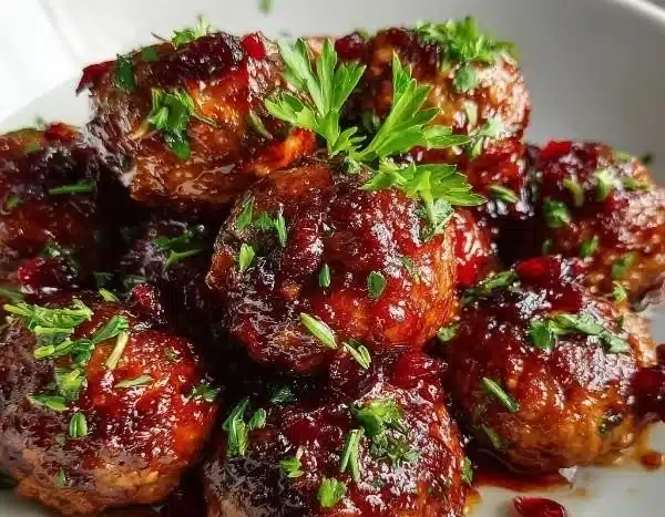 Savory baked cranberry-glazed meatballs with fresh herbs on a plate