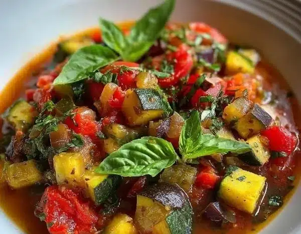 Bowl of savory rustic ratatouille soup topped with fresh basil leaves