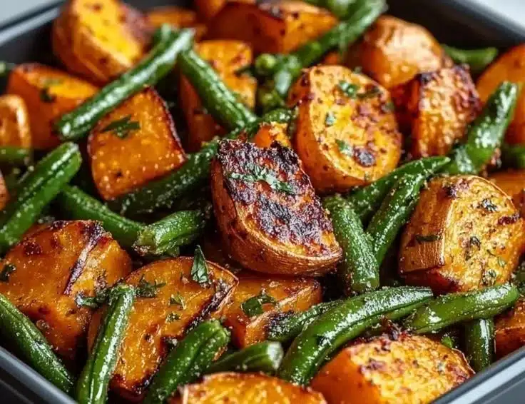 Savory sweet potato and green bean tray bake in a rustic dish.