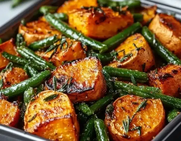 Savory sweet potato and green bean tray bake ready to serve