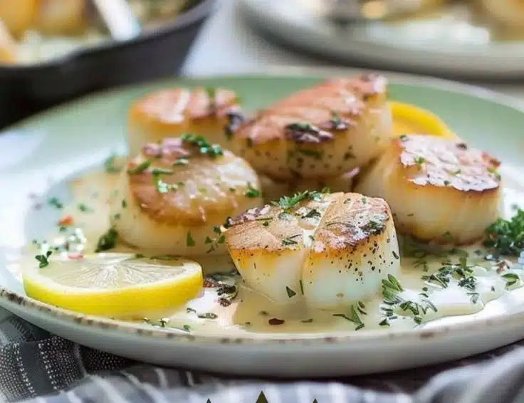 Delicious seared scallops served with lemon butter sauce on a plate