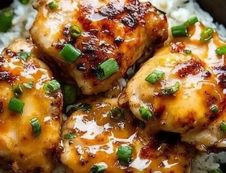 Skillet Bang Bang Chicken Thighs served with rice and garnished with green onions.