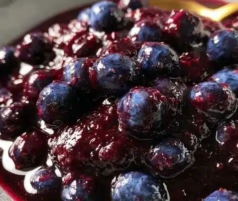 Homemade slow cooker blueberry butter in a jar with fresh blueberries