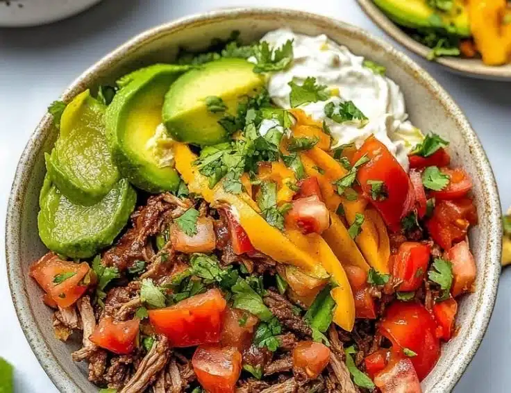 Slow Cooker Chipotle Beef Burrito Bowl with fresh ingredients