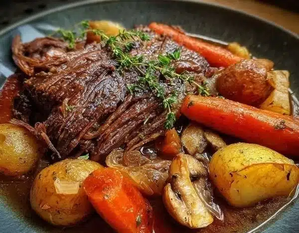 Delicious slow cooker pot roast served with vegetables and herbs.