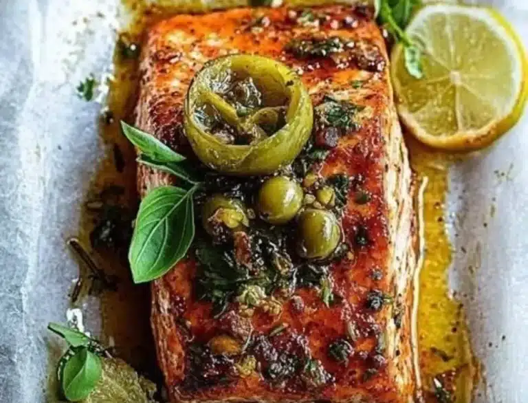 Delicious smoked paprika and green olive salmon plated for a gourmet meal