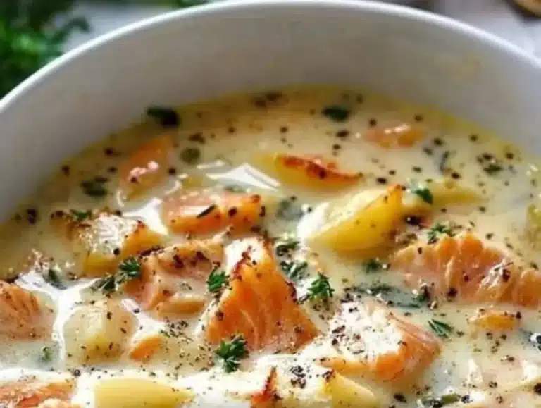 Bowl of creamy smoked salmon and potato chowder garnished with herbs