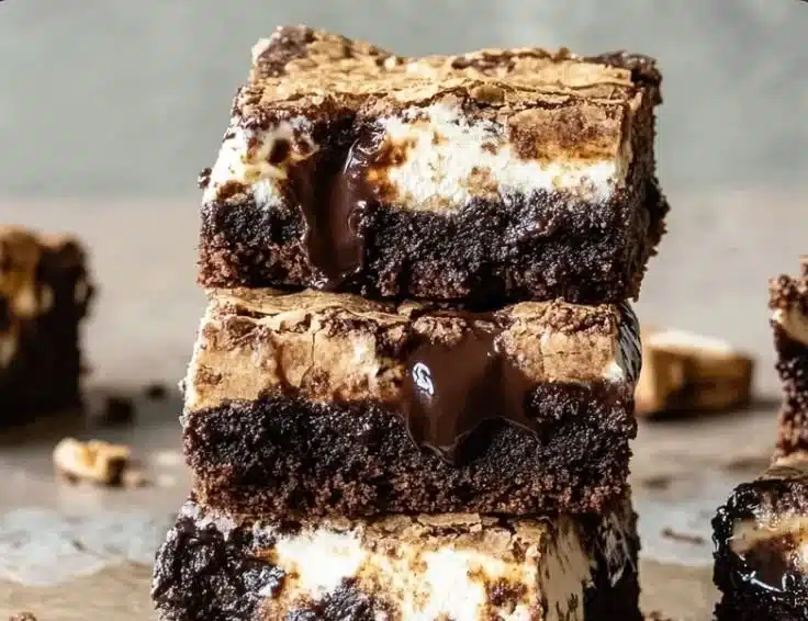 Delicious S'mores Brownies topped with marshmallows and graham crackers