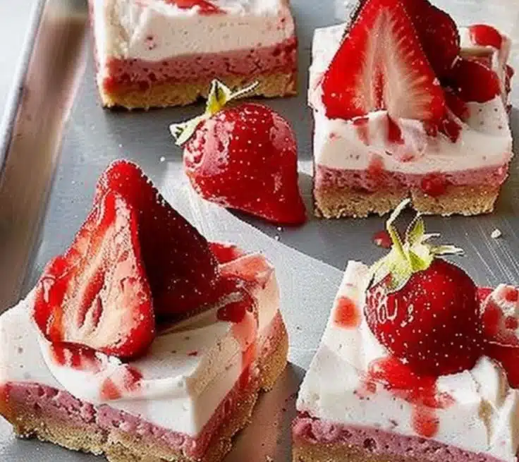 Sparkling strawberry champagne cheesecake bars served on a festive platter.