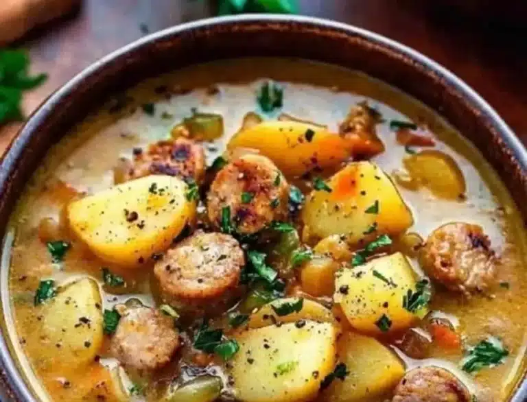 Bowl of spicy Cajun sausage potato soup garnished with herbs.