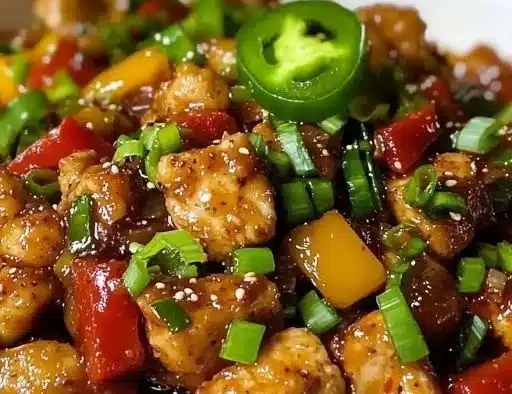 Spicy jalapeño chicken stir-fry with vibrant vegetables in a skillet.