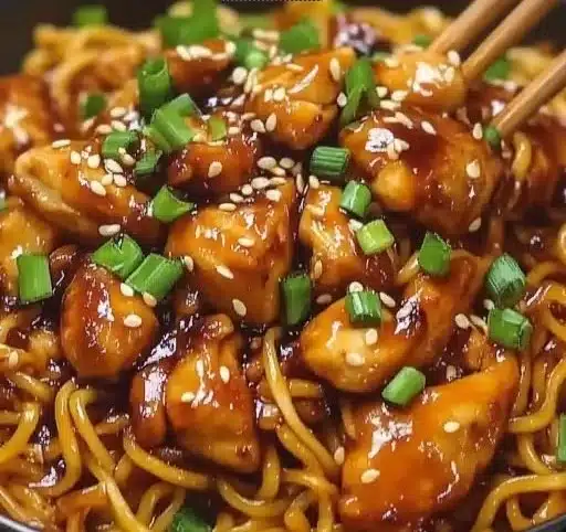 Delicious sticky garlic chicken noodles served for a cozy dinner