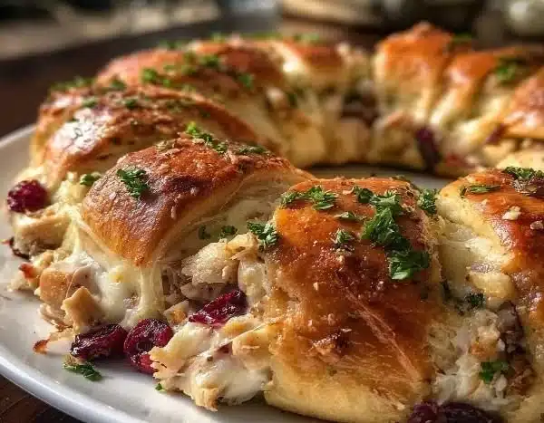 Turkey Cranberry Crescent Ring fresh out of the oven, beautifully arranged.