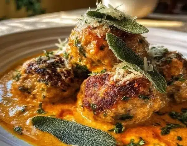 Delicious turkey meatballs in pumpkin sage sauce served on a plate