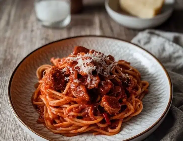 Plate of Vegan Filipino Spaghetti garnished with vegetables and herbs