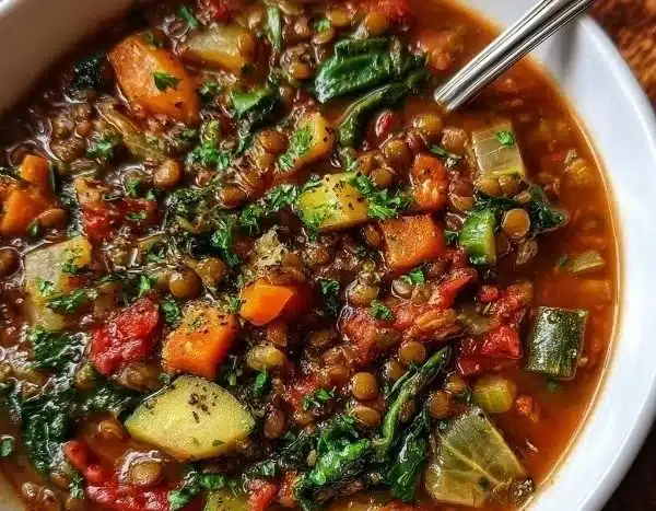 Bowl of Vegan Mediterranean Lentil Vegetable Soup with fresh herbs and vegetables