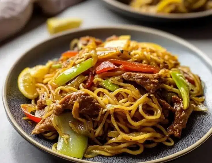Bowl of Vegan Pancit Canton with colorful vegetables and stir-fried noodles