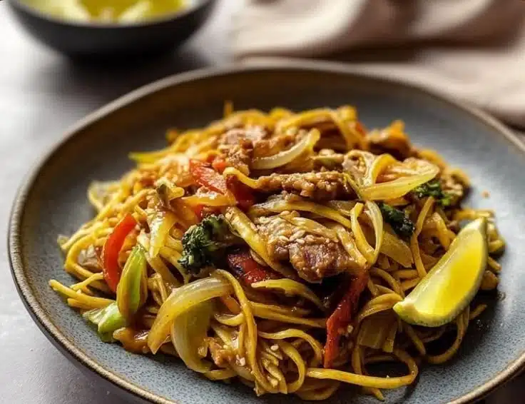 Bowl of Vegan Pancit Canton topped with colorful vegetables and herbs
