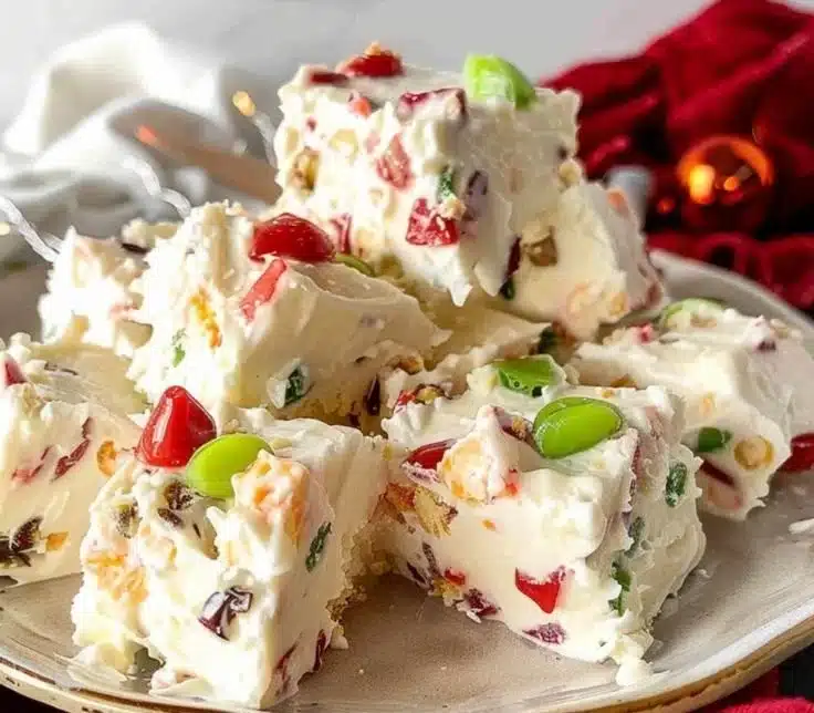 Delicious White Christmas Slice decorated with festive toppings