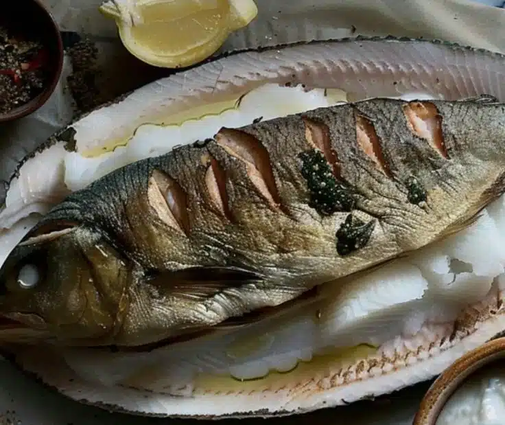 Whole barramundi baked in a delicious salt crust, showcasing a gourmet seafood dish.