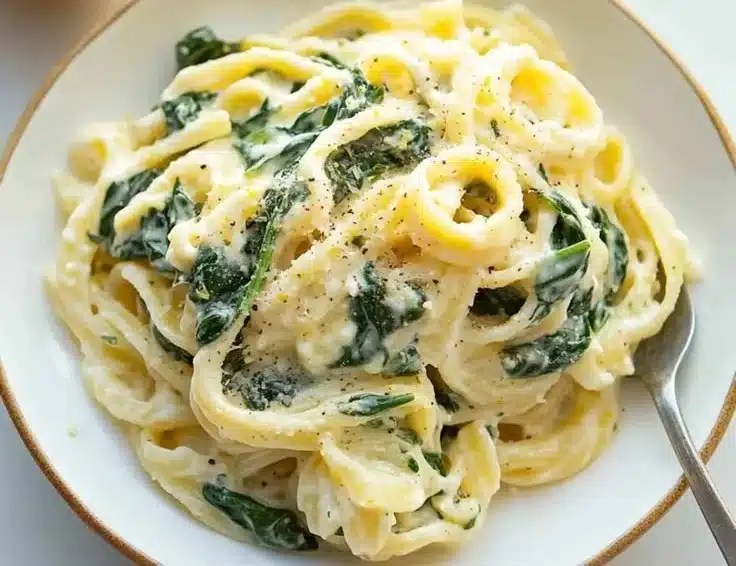 Zesty lemon ricotta pasta with spinach in a bowl, ready to eat.